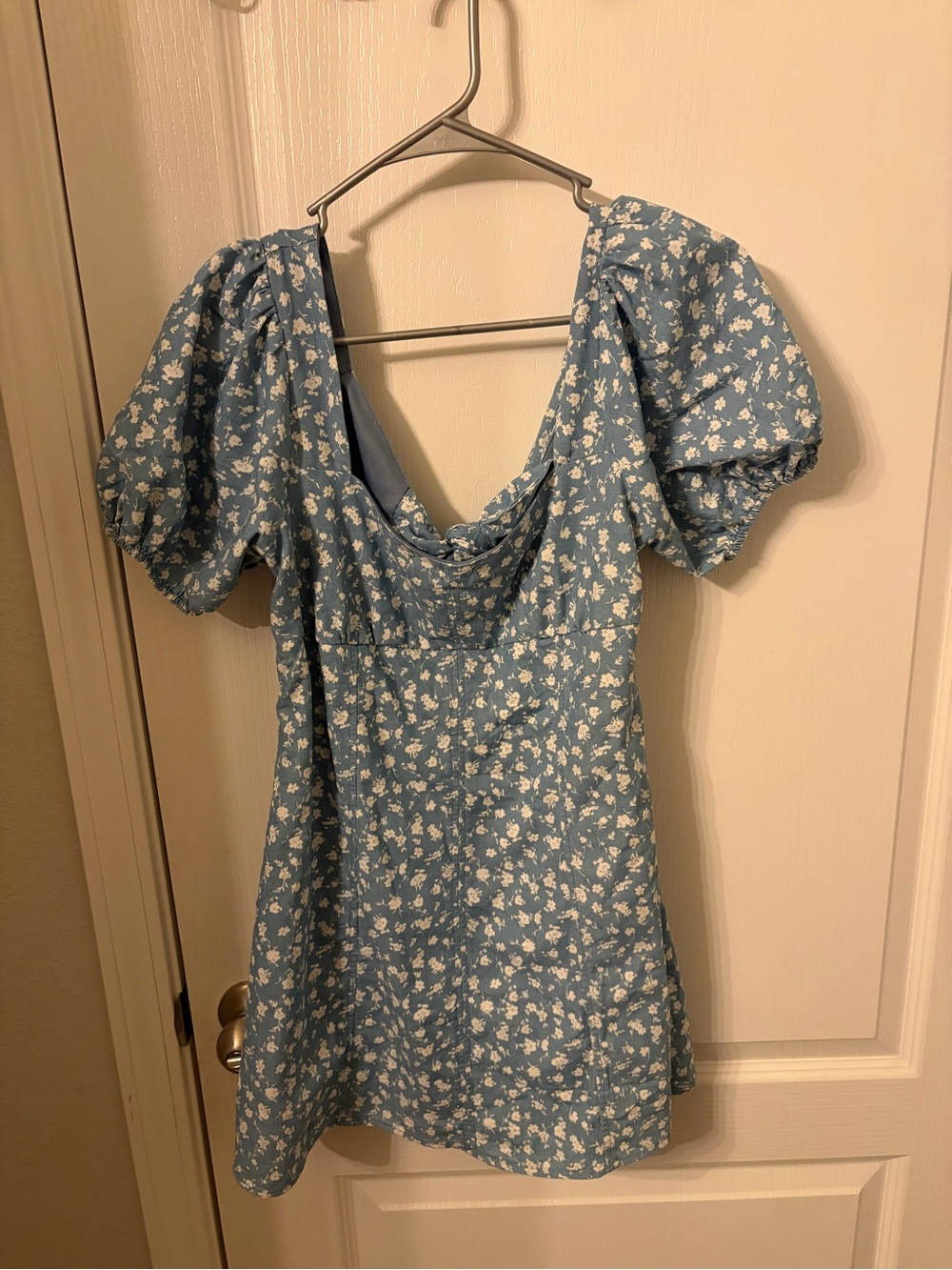 Altar'd State Blue Floral Puff-Sleeve Mini Dress with tie back